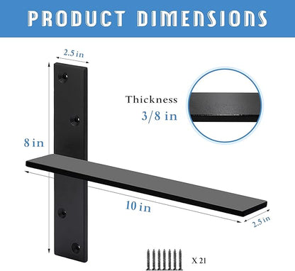 Floating Shelf Bracket 3/8" Thick Heavy Duty Shelf Brackets 3 Pack Free Hanging Countertop Support Bracket 10" Lx2.5 W Floating Wall Brackets for Cabinets, Granite, Dishwasher, Bench Seats Vanities