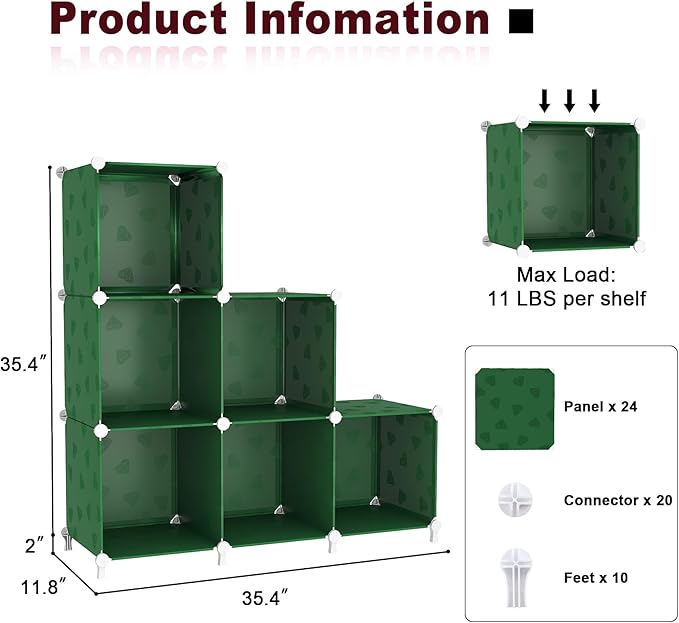 UNKU Cube Storage Organizer, 6 Cube Closet Organizer Storage Shelves, DIY Stackable Bookcase, Clothes Organizer Shelf for Closet, Bedroom, Living Room, Cabinet, Home, Office, Green