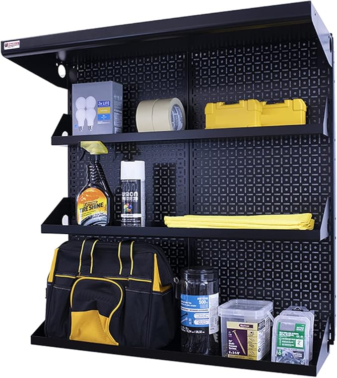 Metal Pegboard Shelving Organization System OmniWall Shelving Kit 32" x 32" Modular Pegboard- Panel Color: Black Accessory Color: White