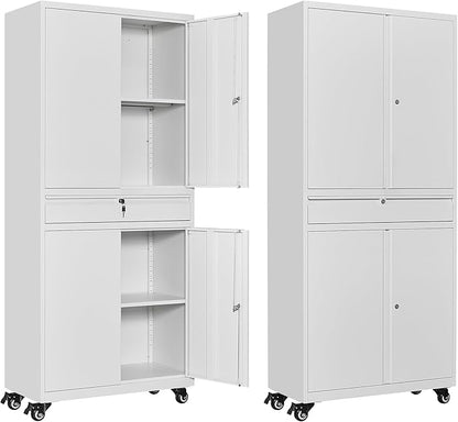 Metal Garage Storage Cabinet with Wheels, 73" Lockable Storage Cabinet with 2 Adjustable Shelves and 1 Drawer for Garage, Utility Room, Warehouse (White)