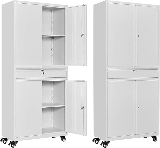 Metal Garage Storage Cabinet with Wheels, 73" Lockable Storage Cabinet with 2 Adjustable Shelves and 1 Drawer for Garage, Utility Room, Warehouse (White)