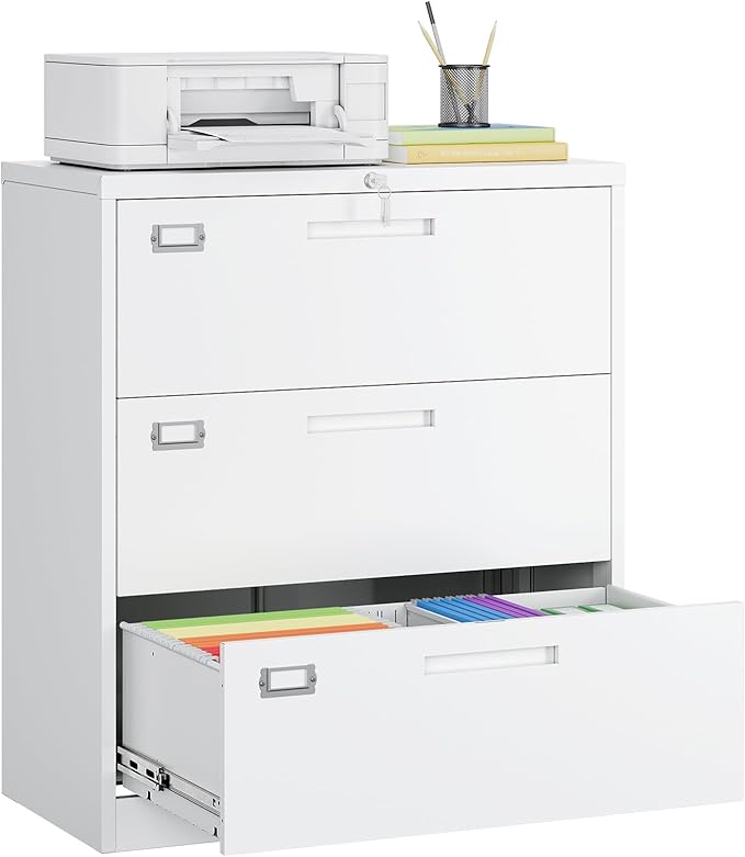 MIIIKO 3 Drawer Lateral File Cabinet with Lock, White Lateral Filing Cabinet, Large Deep Drawers Locked by Keys, Metal Storage File Cabinet for Hanging Files Letter/Legal/F4/A4 Size