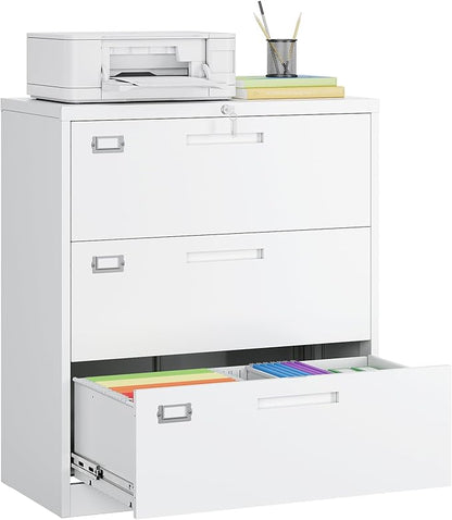 MIIIKO 3 Drawer Lateral File Cabinet with Lock, White Lateral Filing Cabinet, Large Deep Drawers Locked by Keys, Metal Storage File Cabinet for Hanging Files Letter/Legal/F4/A4 Size