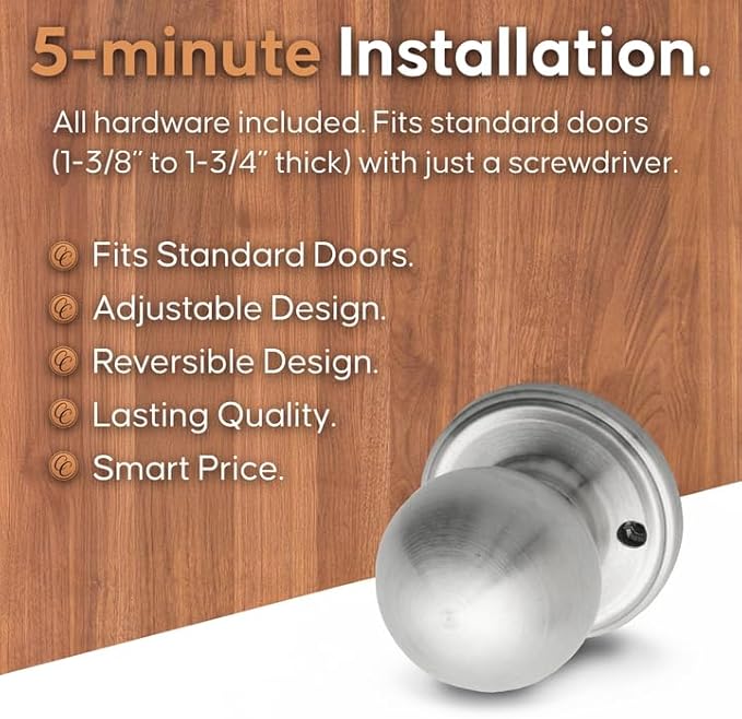 Copper Creek Dummy Interior Door Knob – ANSI Grade-3 Certified, Modern Heavy Duty Handle, Easy Install and Reversible for French Doors & Closets, Non Turning – Satin Stainless (1 Pack)