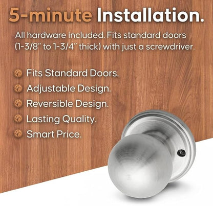 Copper Creek Dummy Interior Door Knob – ANSI Grade-3 Certified, Modern Heavy Duty Handle, Easy Install and Reversible for French Doors & Closets, Non Turning – Satin Stainless (1 Pack)