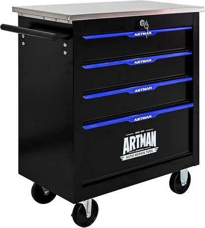 4-Drawer Rolling Tool Chest with Stainless Steel Countertop,Tool Chest with Secure Locking System,Mobile Storage Tool Cabinet with 360°Wheels and Padded Feet,for Home, Garage (Black+Blue)
