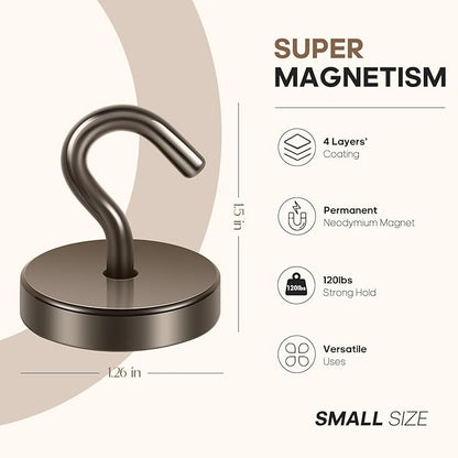 Neosmuk Magnetic Hooks, Cruise Ship Essentials, 130lb+ Heavy Duty Magnetic Hooks for Cruise Cabins, Refrigerator, Grill, Hanging, and Travel | Extra Strong Must-Haves Magnet Hook,Brown