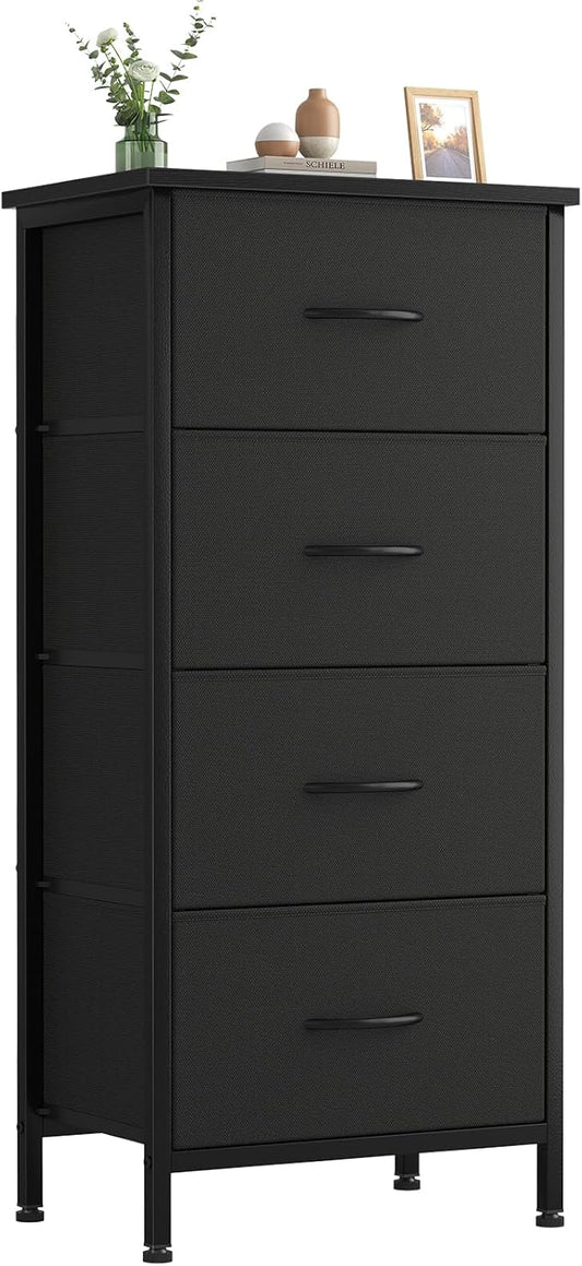 Sweetcrispy 4 Fabric Drawer Small Dresser, Bedside Nightstand with Wooden Top Sturdy Frame, Entryway Closet Bedroom Storage Cabinet Furniture for Dorm,Black