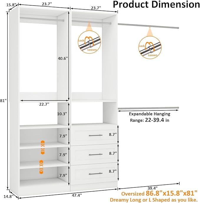 Closet System with Drawers of 2 Sets, 4FT-10FT Walk in Closet Organizers and Storage with Hanging Rods & Adjustable Shelves, Free-Standing Modular Closet Systems, White