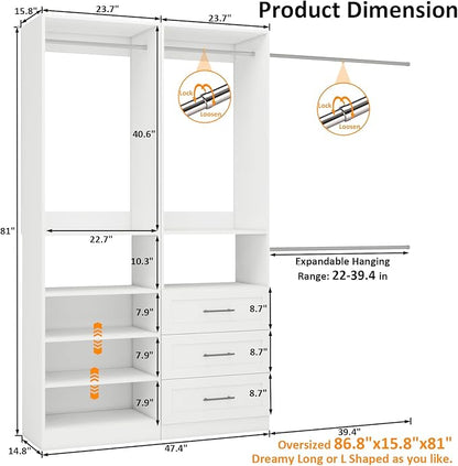 Closet System with Drawers of 2 Sets, 4FT-10FT Walk in Closet Organizers and Storage with Hanging Rods & Adjustable Shelves, Free-Standing Modular Closet Systems, White