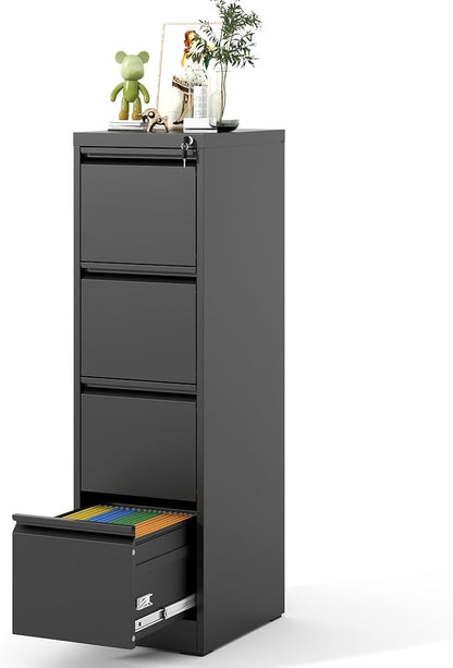 File Cabinet 4 Drawer with Lock, Vertical Filing Cabinets for Home Office, Metal Steel Storage Cabinet for Letter/Legal Size File, Assembly Required(Black)