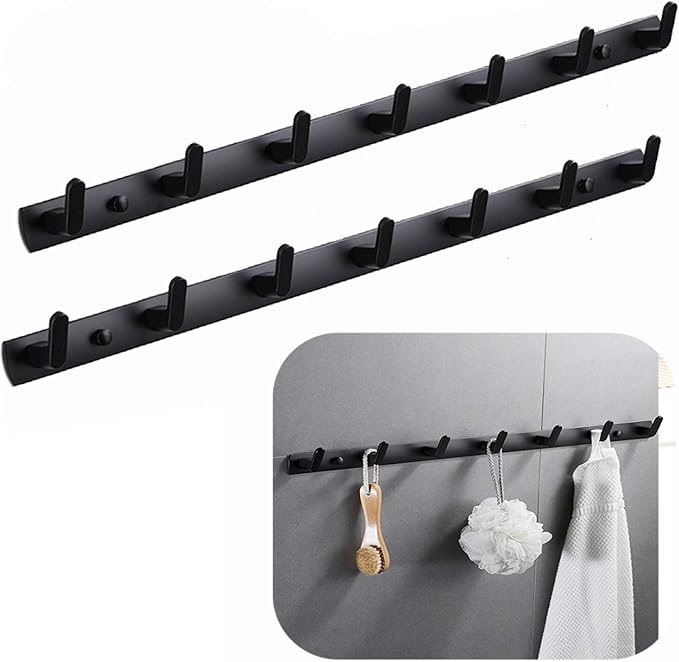 Wall Mounted Coat Racks with 7 Hooks Hanging Holder Towel Rack 25.7"x1.3" Modern Black Hanging for Clothes Entryway Bathroom (7 Hooks(2 Packs))