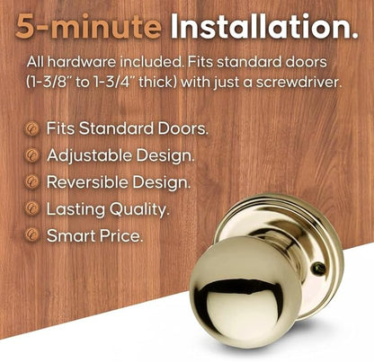 Copper Creek Dummy Interior Door Knob – ANSI Grade-3 Certified, Modern Heavy Duty Handle, Easy Install and Reversible for French Doors & Closets, Non Turning – Polished Brass (1 Pack)