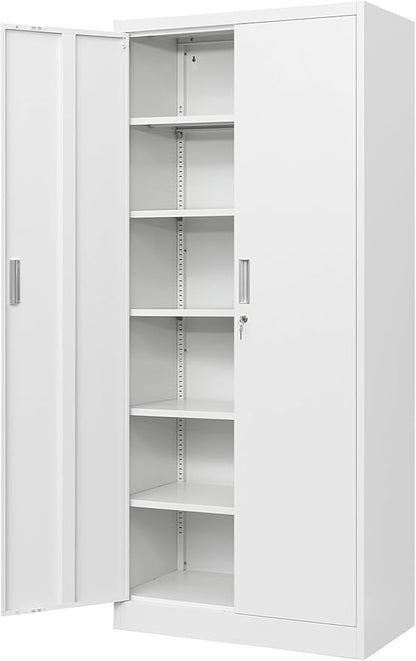 Metal Storage Cabinet, 71”H Locking Storage Cabinet with 5 Adjustable Shelves, Steel Cabinets for Garage, Home, Office, Pantry (White)