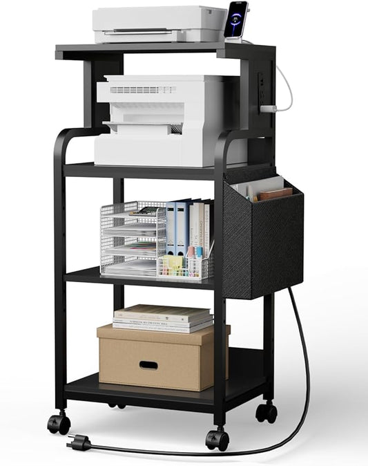 Tall Printer Stand with Storage Adjustable Shelf and Bag, 4-Tier Large Printer Table with Charging Station for Home Office, Printers Cart with Wheels for 3D Shredder Scanner Fax (Black)
