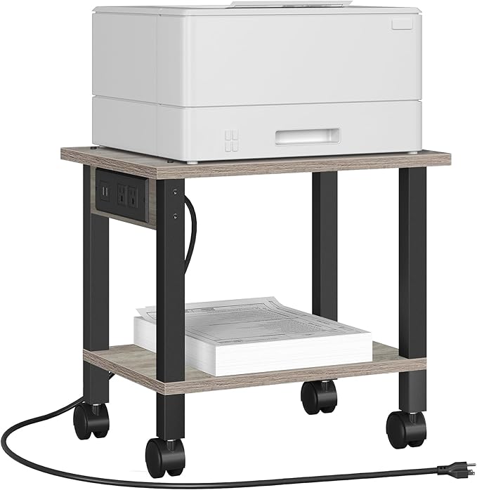 TUTOTAK 2 Tier Printer Stand, Rolling Printer Cart with Power Outlets and USB Ports, Mobile Printer Table with Wheels, for Under Desk, Office, Home, Greige PS01BG001