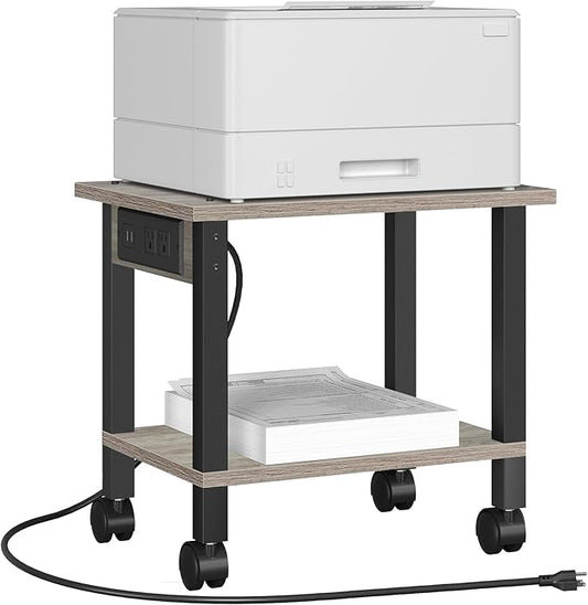 TUTOTAK 2 Tier Printer Stand, Rolling Printer Cart with Power Outlets and USB Ports, Mobile Printer Table with Wheels, for Under Desk, Office, Home, Greige PS01BG001