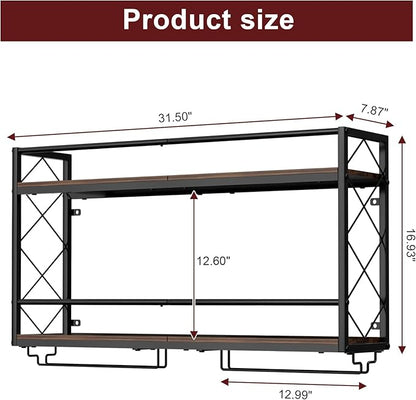 Wine Rack Wall Mounted 2 Tier Wall Wine Rack with Glass Holder, Double Layer Anti-Drop Crossbar, 31.5" Metal Wood Wall Mount Wine Holder for Home Kitchen Dining Room Coffee Shop Bar, Black