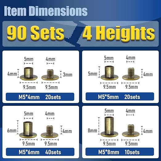 90 Sets Bronze Chicago Screws Leather Rivets Kit, 4 Sizes (M5*4,5,6,8) & 2 Screw Lengths (M4*3,4) for Belts, Bookbinding, DIY Leather (Bronze)