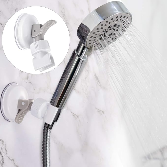 Zhehao Adjustable Shower Head Holder, Removable Suction Cup Shower Head Holder, No Drill Wall Mounted Suction Bracket with Chrome Polished for Marble Glass Metal Ceramic(1,Grey Wrench)