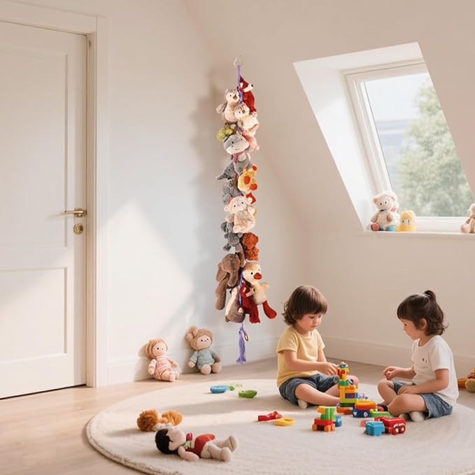 80" Cotton Hanging Storage Chain For Stuffed Animals Storage with 20 Metal Clips, Stuffed Animal Organizer Chain for Wall Corner Nursery Play Room, Purple