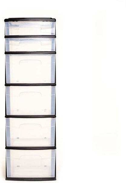 HOMZ Drawer Tower, 6-Tier Clear Plastic Storage Organizer Cart, Black Frame - Heavy-Duty Organizing Drawers for Home, Bedroom, and Closet Organization