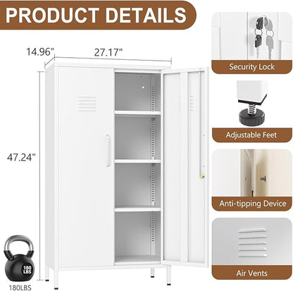 47.24" Metal Storage Locker with Lockable, Employees Metal Steel Locker with 2 Door ＆ 3 Adjustable Shelves, Small Locker Storage Cabinets for Home, School, Office, Gym (White)