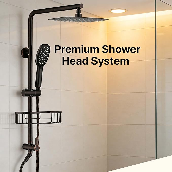 SonTiy 12 Inch Rainfall Shower System with Handheld Spray, High Pressure Rain Shower Head with Jet Spray, Luxury Bathroom Shower Fixtures with Adjustable Slide Bar & Shower Caddy, Oil Rubbed Bronze