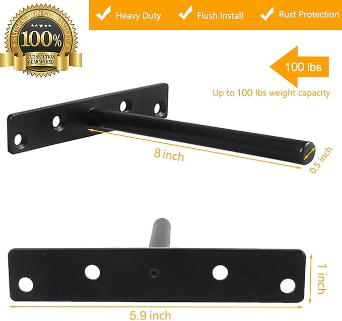 Blind Floating Shelf Brackets - DIY Heavy Duty 8 inch Wall Shelf Brackets, Solid Stainless Steel Matte Black Hidden Support with Hardware for Custom Wood Shelves (6 Pack)