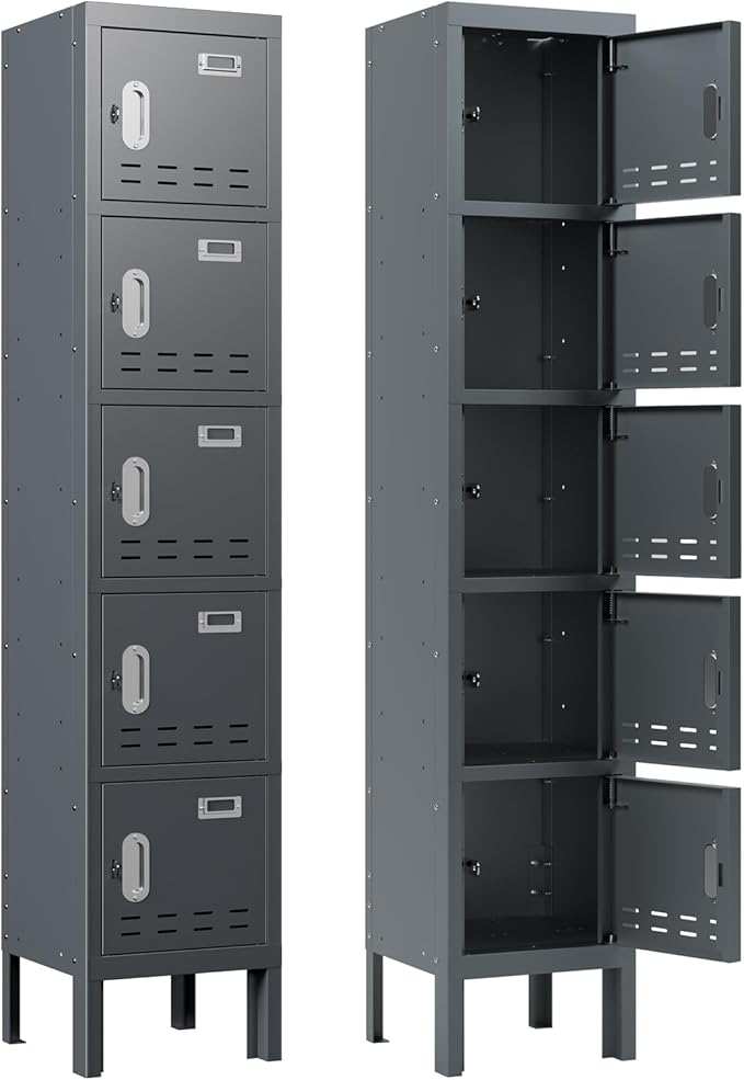 Metal Storage Locker with Lock & Card Slot Locker - Secure Lockable Door - Steel Locker for School, Office, Gym, Home - 66.15" H x 11.8" W x 11.8" D（5 Door, Grey）