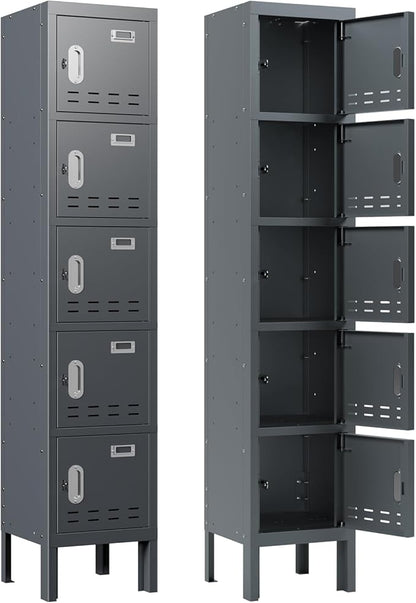 Metal Storage Locker with Lock & Card Slot Locker - Secure Lockable Door - Steel Locker for School, Office, Gym, Home - 66.15" H x 11.8" W x 11.8" D（5 Door, Grey）
