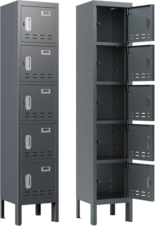 Metal Storage Locker with Lock & Card Slot Locker - Secure Lockable Door - Steel Locker for School, Office, Gym, Home - 66.15" H x 11.8" W x 11.8" D（5 Door, Grey）