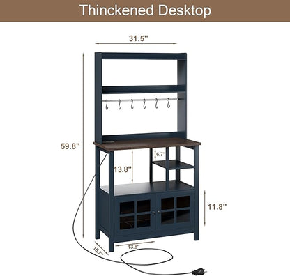 ChooChoo Farmhouse Coffee Bar Cabinet with Storage, Bakers Rack with Power Outlets, Microwave Stand Kitchen Cabinet with Hutch and 6 Hooks, Blue