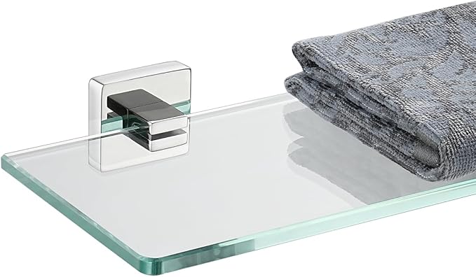 JQK Bathroom Glass Shelf, Floating Tempered Glass Shower Storage 16 by 5 inches, 304 Stainless Steel Polished Chrome Wall Mount, TGS201L16-CH