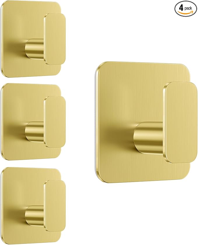 Gold Hooks for Hanging Heavy Duty, Adhesive Hooks for Shower, Bathroom, Kitchen, Robe, Towel, Coat, Waterproof & Rustproof Hook for Walls No Damage, Stainless Steel Sticky Hook - 4 Pack