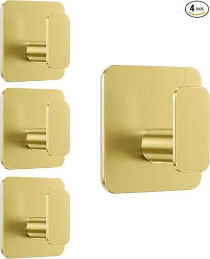 Gold Hooks for Hanging Heavy Duty, Adhesive Hooks for Shower, Bathroom, Kitchen, Robe, Towel, Coat, Waterproof & Rustproof Hook for Walls No Damage, Stainless Steel Sticky Hook - 4 Pack