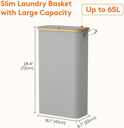 Lifewit 65L Slim Laundry Hamper with Lid, Narrow Laundry Basket with Removable Bag & Bamboo Handles, Fodable Thin Dirty Clothes Hamper for Laundry Collapsible Bin for Bathroom Bedroom Dorm,Silver Grey