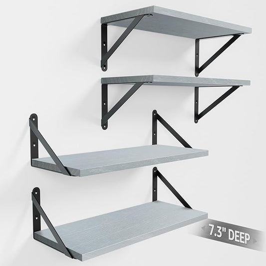 Wall Shelves 7.3" Deep Set of 4, Solid Paulownia Wood Wider Longer Sturdy Easy to Install Wall Mounted Bookshelves Storage Shelves Bathroom Home Office Laundry Room Bedroom Organizer Gray