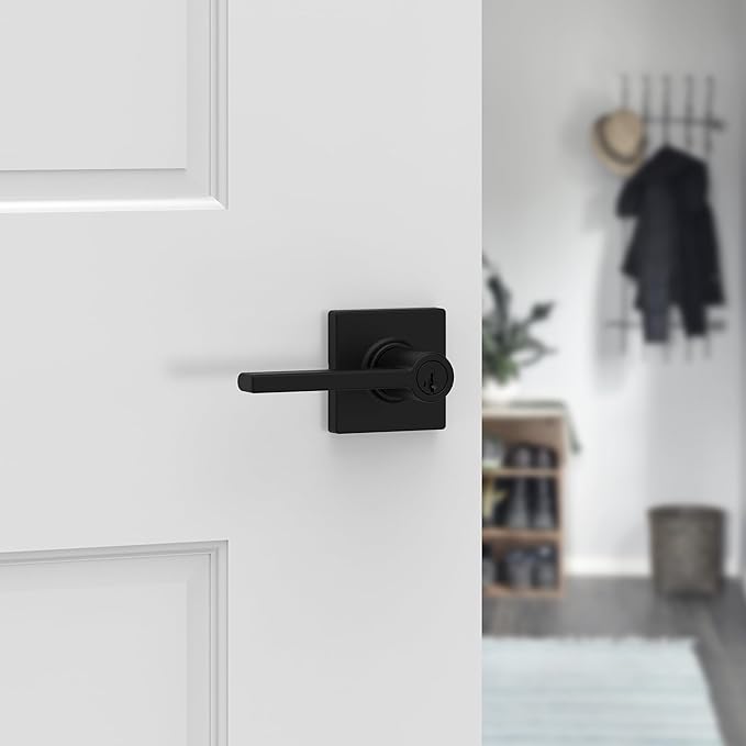 Kwikset Casey Entry Door Handle with Lock and Key, Secure Keyed Reversible Lever Exterior, for Front Entrance and Bedrooms, Matte Black, 4 Pack, Pick Resistant SmartKey Rekey Security and Microban