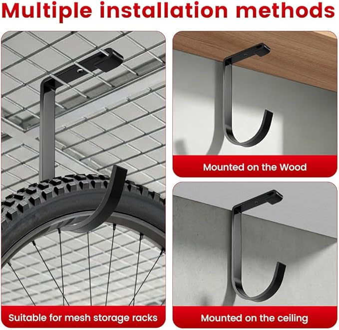 Bike Hooks for Garage Ceiling Mount Rack, Add on Storage Flat Hook Accessory Overhead Garage Hooks for Ceiling Rack and Wall Shelving(4 Pack)