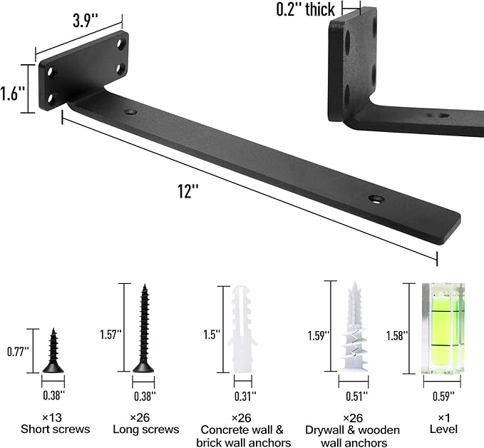 HITOMEN Heavy Duty Floating Shelf Brackets, 12-Inch (1/5'' Thick) Hidden Shelves Hardware, Cast Iron L Brackets, Rustic Industrial Black Metal Wall Shelving Supports, 6 Pack