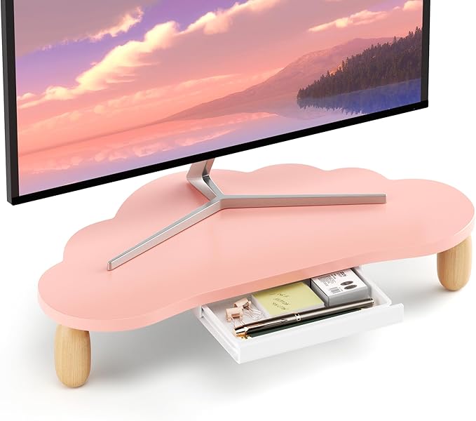 Monitor Stand Riser,Cloud-Shaped Sturdy Wood 16.5In Computer Monitor Riser Wirh Drawer, Multi-Purpose Desktop Organizer Riser for Computer,Laptop,Printer,TV,Pink