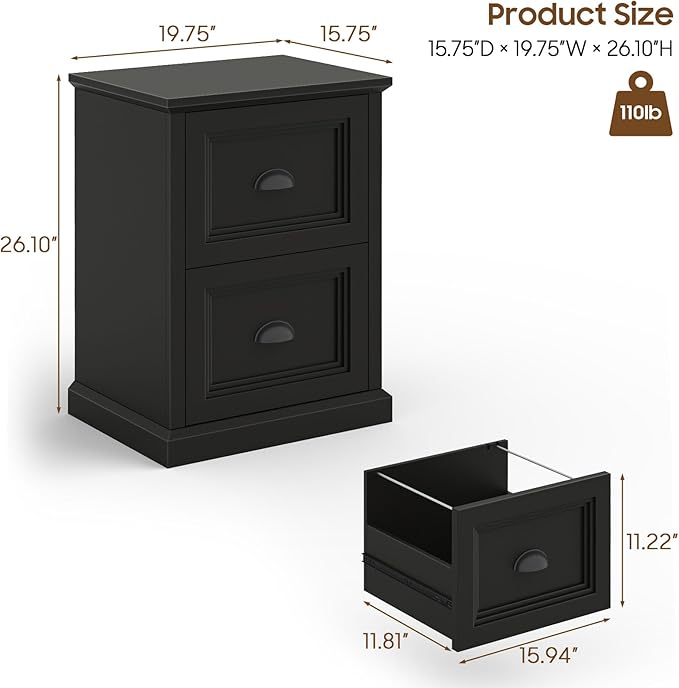 Vertical File Cabinet, Filing Cabinet with 2 File Drawers, Farmhouse Small File Cabinet Fits Letter/A4 Size, Wooden Printer Stand, Under Desk Cabinets for Home Office, Black