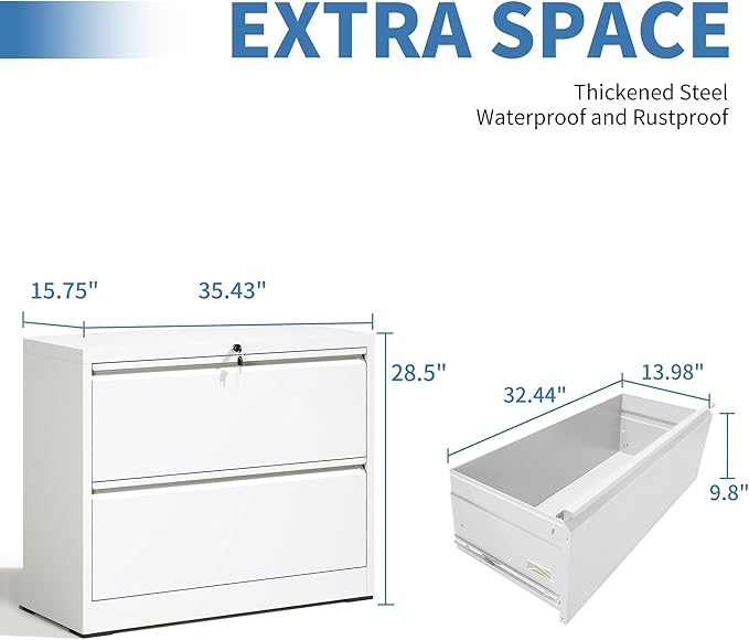 File Cabinets 2 Drawer,Metal Office Storage Filing Cabinet with Lock,White Lateral Filing Cabinet for Home Office,Horizontal Two Drawer File Cabinet for Legal/Letter/A4,Assembly Require,White