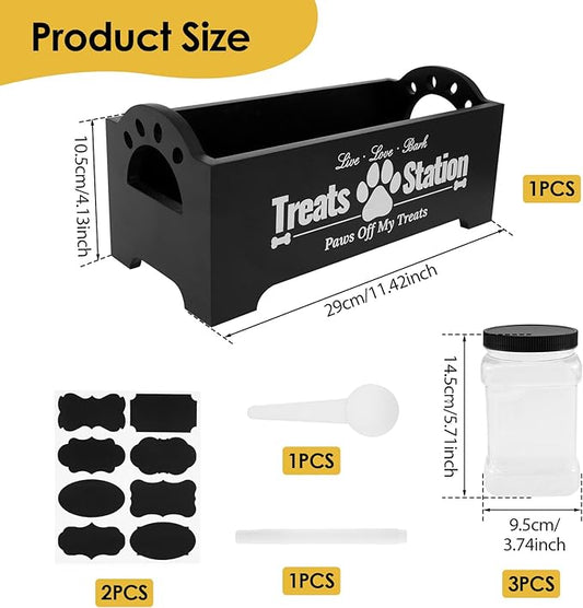 Dog Treat Container with 3 Plastic Treat Jars Wood Dog Food Container with Handles Dog Food Storage Container Decorative Cat Food Container for Dog Food Storage (Black)