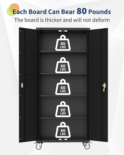 GarveeHome Garage Storage Cabinet with Wheels & Pegboard, 72 in H Locking Metal Storage Cabinet with 2 Doors & 4 Adjustable Shelves for Garage Workshop Home Office, Black