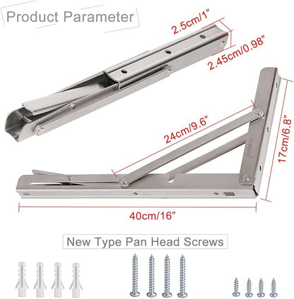 YUMORE Folding Shelf Brackets 16 Inch, Max Load: 330lb Heavy Duty Stainless Steel Collapsible Shelf Bracket for Table Work Bench, Space Saving DIY Bracket, Pack of 2