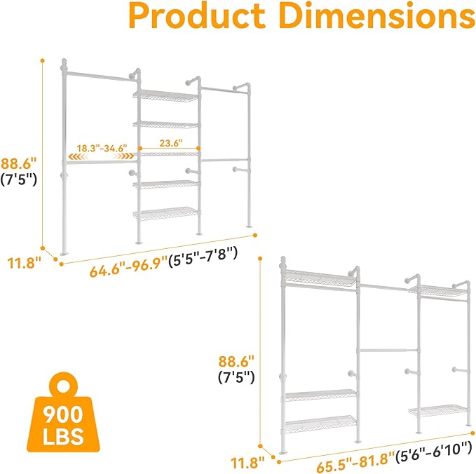W3 Wall Mounted Closet System, Expandable Clothes Rack Heavy Duty Garment Rack Clothing Rack for Hanging Clothes, Industrial Pipe Closet Rack for Reach in Closet, White