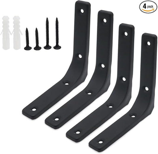 4pcs 4 Inch L Brackets, Heavy Duty Wall Mount Black L Corner Brackets Braces for Wood, Shelves, Cabinets, 90 Degree Triangle Shelf Support with Screws, Small Right Angle Bracket