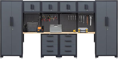 Garage Storage Cabinet System - 2×7-Pc Workshop Set w/Steel Cabinets & Workbench Includes Drawers & Pegboard | Heavy-Duty Tool Organization System for Garage/Workshop Storage
